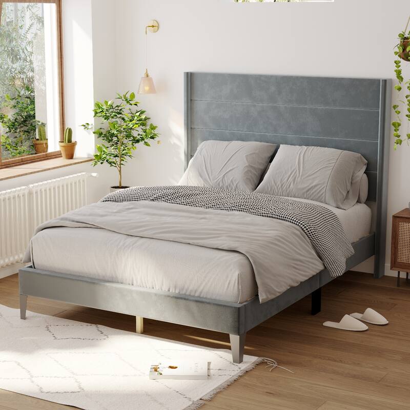 High Back Upholstered Platform Bed Frame,380gsm,TB117 Certified,Easy Detachable,Grey