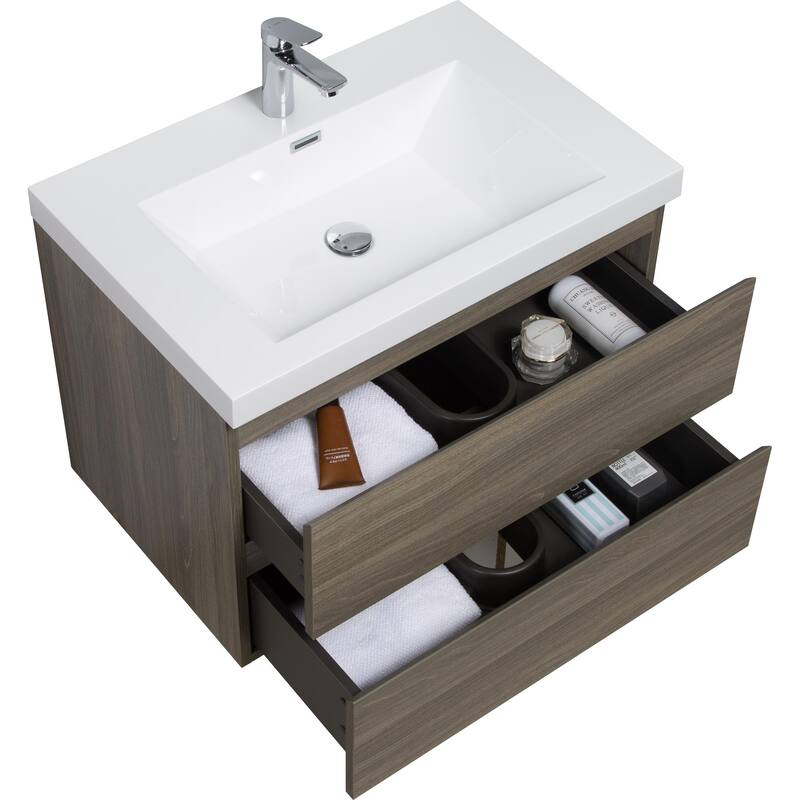30" Modern Floating Bathroom Vanity with Glossy Resin Sink, Wall-Mounted Bathroom Cabinet with Soft Close Drawers