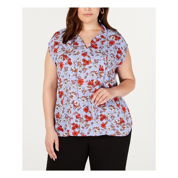 BAR III Womens Light Blue Floral Short Sleeve Blouse Top Size 3X