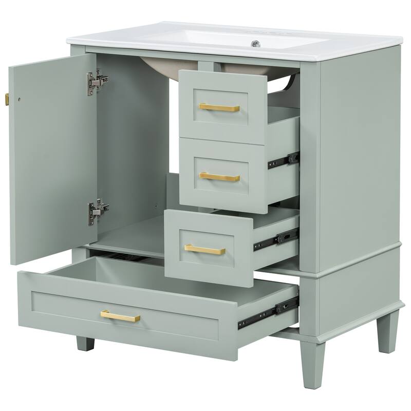 Single Sink Bathroom Vanity Cabinet, Vanity Base & Ceramic Sink Combo Set, 3 Drawers Bathroom Storage Cabinet, 30 Inch