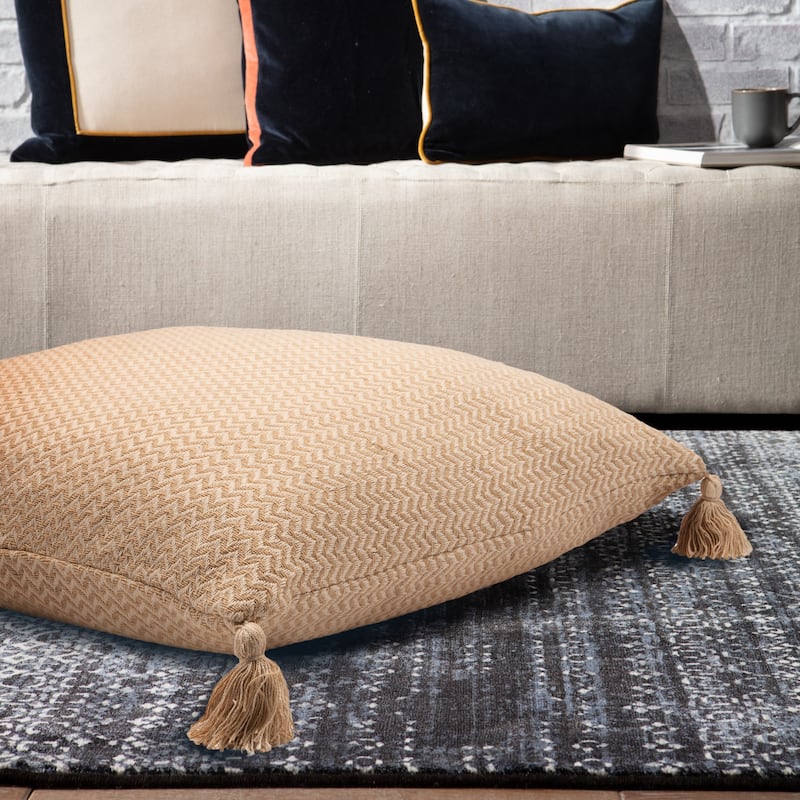 Handwoven Chevron Square Floor Pillow Cover with Tassels - 30" - Beige and Cream