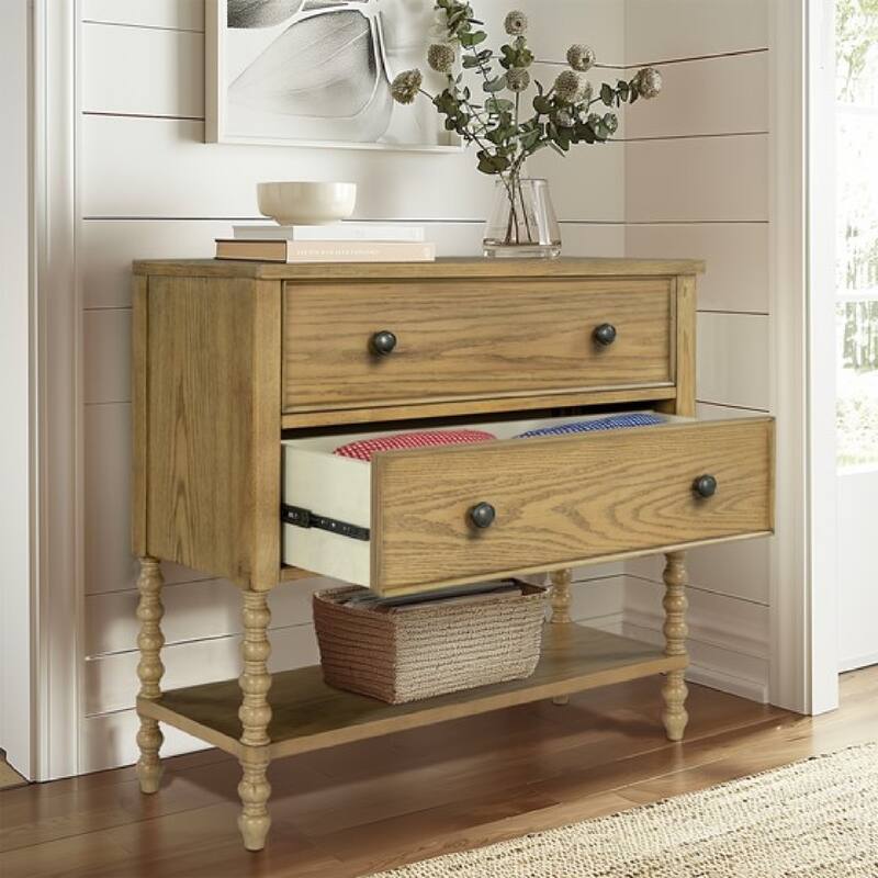 Roomfitters Traditional Wood Accent Chest, 2-Drawer Entryway Console Table with Storage and Open Shelf, Natural