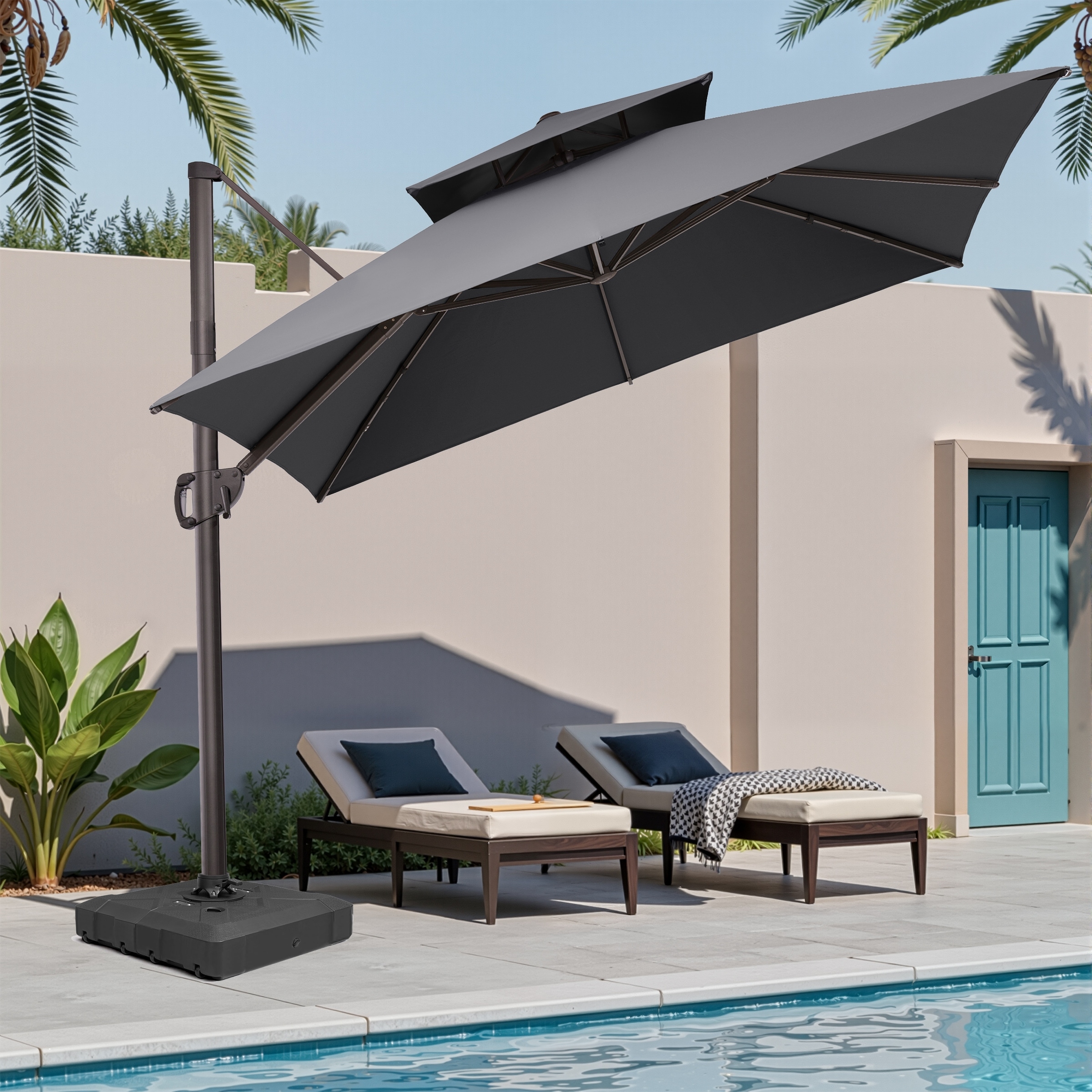 best outdoor offset patio umbrella 10 X 13 FT Cantilever with LED Lights Heavy Duty Double Top Windproof Rectangle Umbrellas with 360-degree Rotation for Pool Deck Backyard, Beige : Patio, Lawn & Garden while the double Pellebant Outdoor 9x11FT Patio Aluminum