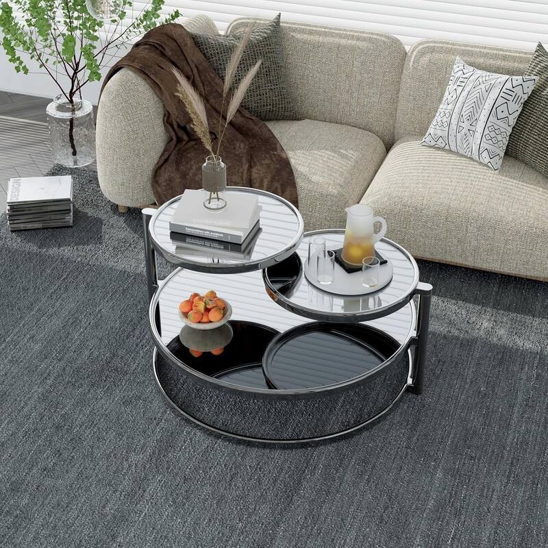 Round Coffee Table 30 inch Motion Tempered Glass Coffee Table with 3 Tier 360 Degree Swivel Top - Silver