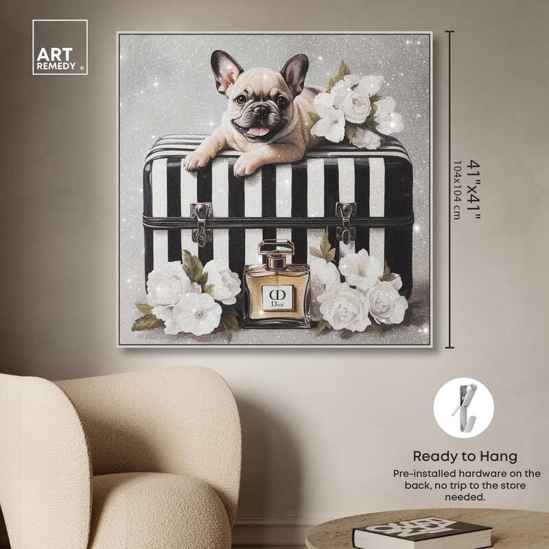 Frenchie Luggage Flowers Canvas by Art Remedy