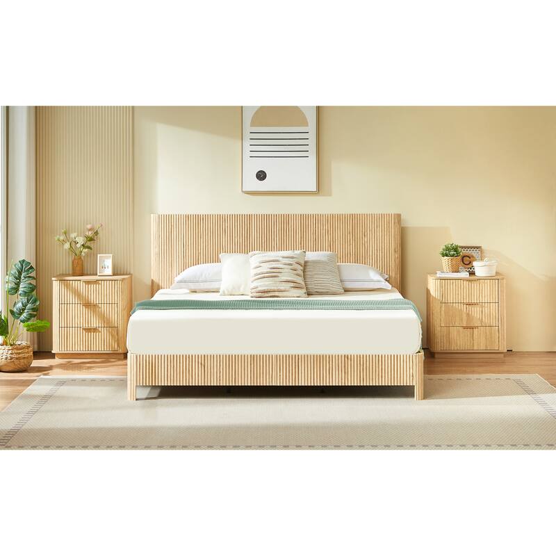 Wooden Corrugated Bed Frame Contemporary Rustic Platform Bed with 44.5" High Headboard/Metal Tubes Support/No Box Spring Needed