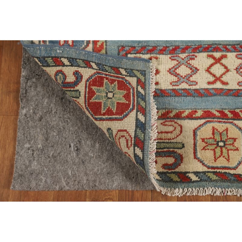 Blue Geometric Kazak Runner Rug Hand-Knotted Traditional Wool Carpet - 3'4" x 16'4"