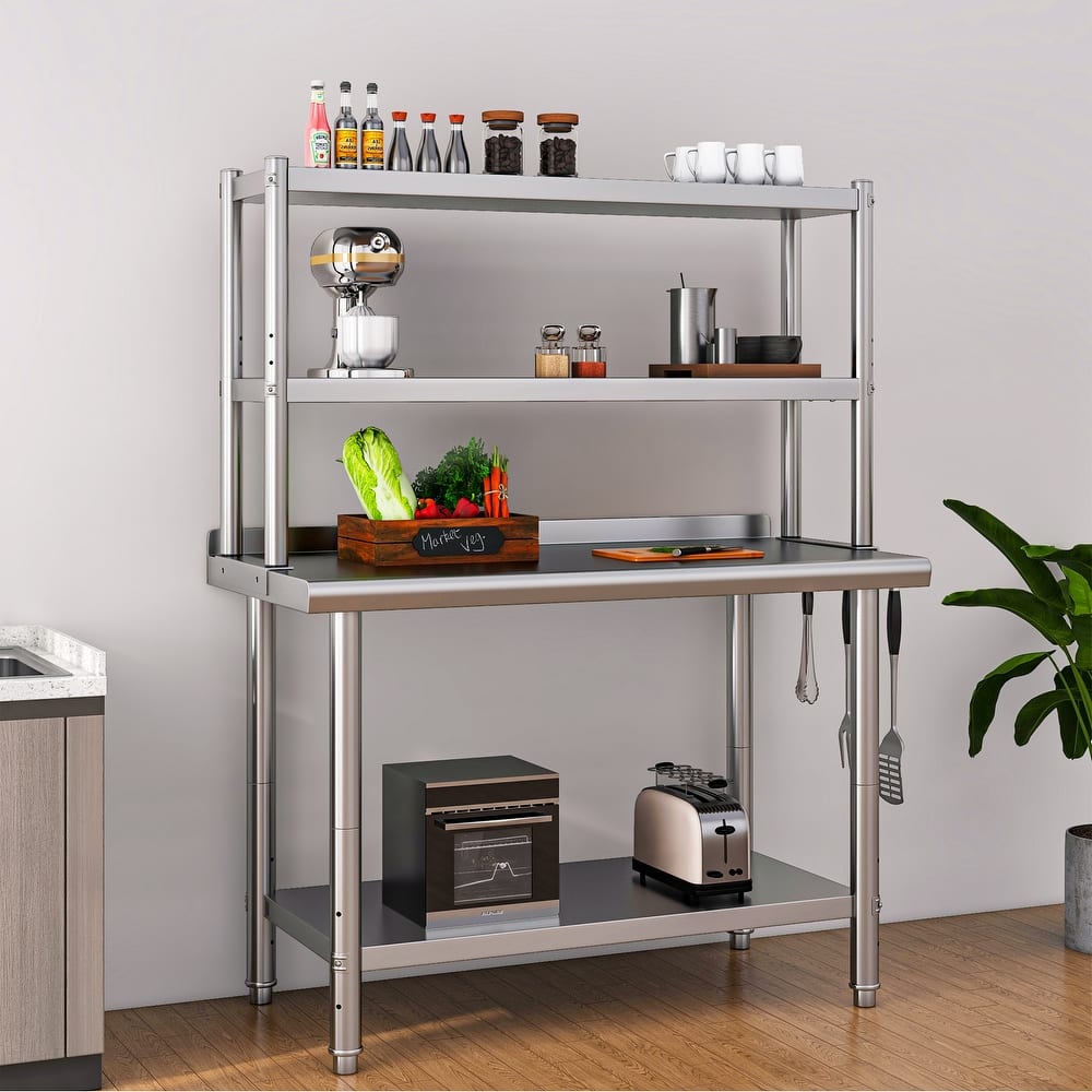 Stainless Steel Overshelf, 2 Tier Overshelf with Hook, Adjustable Double Overshelf for Kitchen Prep Table