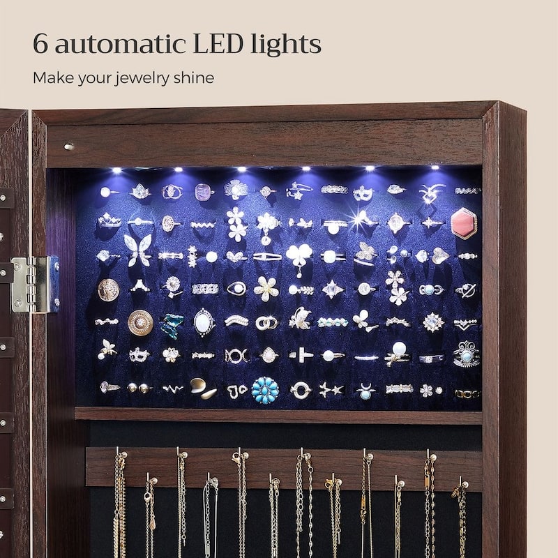 6 LEDs Mirror Jewelry Cabinet, Lockable Wall/Door Mounted Jewelry Armoire Organizer with Mirror 2 Drawers