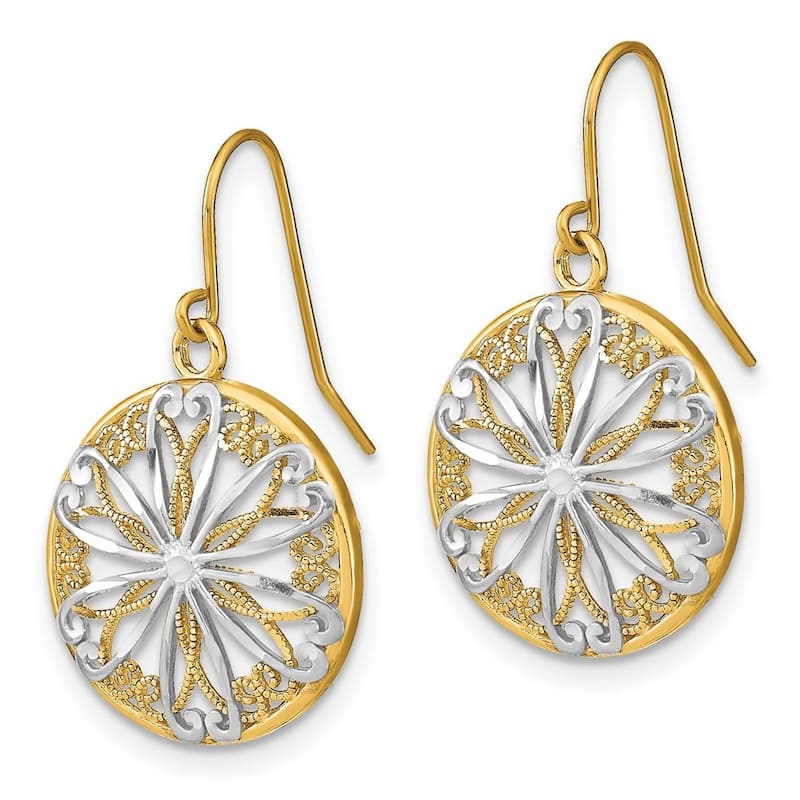 Curata 14k Yellow Gold Round Frame With Flower Inside Wire Earrings
