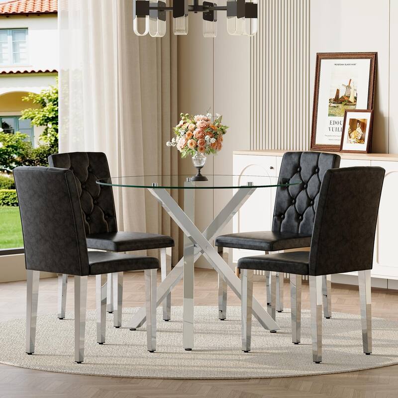5 Piece Dining Table Set with 39 Inch Round Glass Top X-Shaped Metal Base and 4 PU Chairs