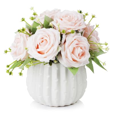 Enova Home Mixed Artificial Silk Roses Fake Flowers Arrangement in White Ceramic Pot for Home Office Decoration