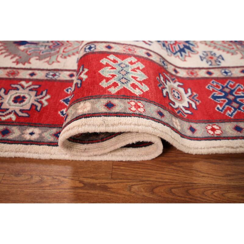 Geometric Kazak Area Rug Hand-Knotted Bedroom Beige Wool Carpet - 5'2" x 6'7"