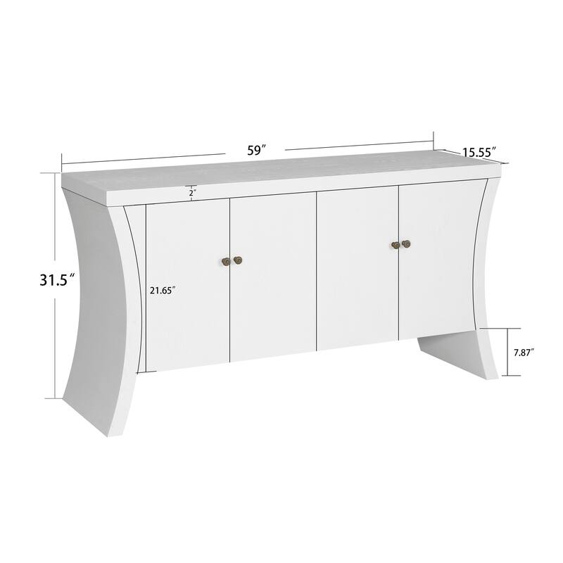 Refined Industrial 4-Door Credenza with Wooden Arc Legs & Bronze Clasps - White