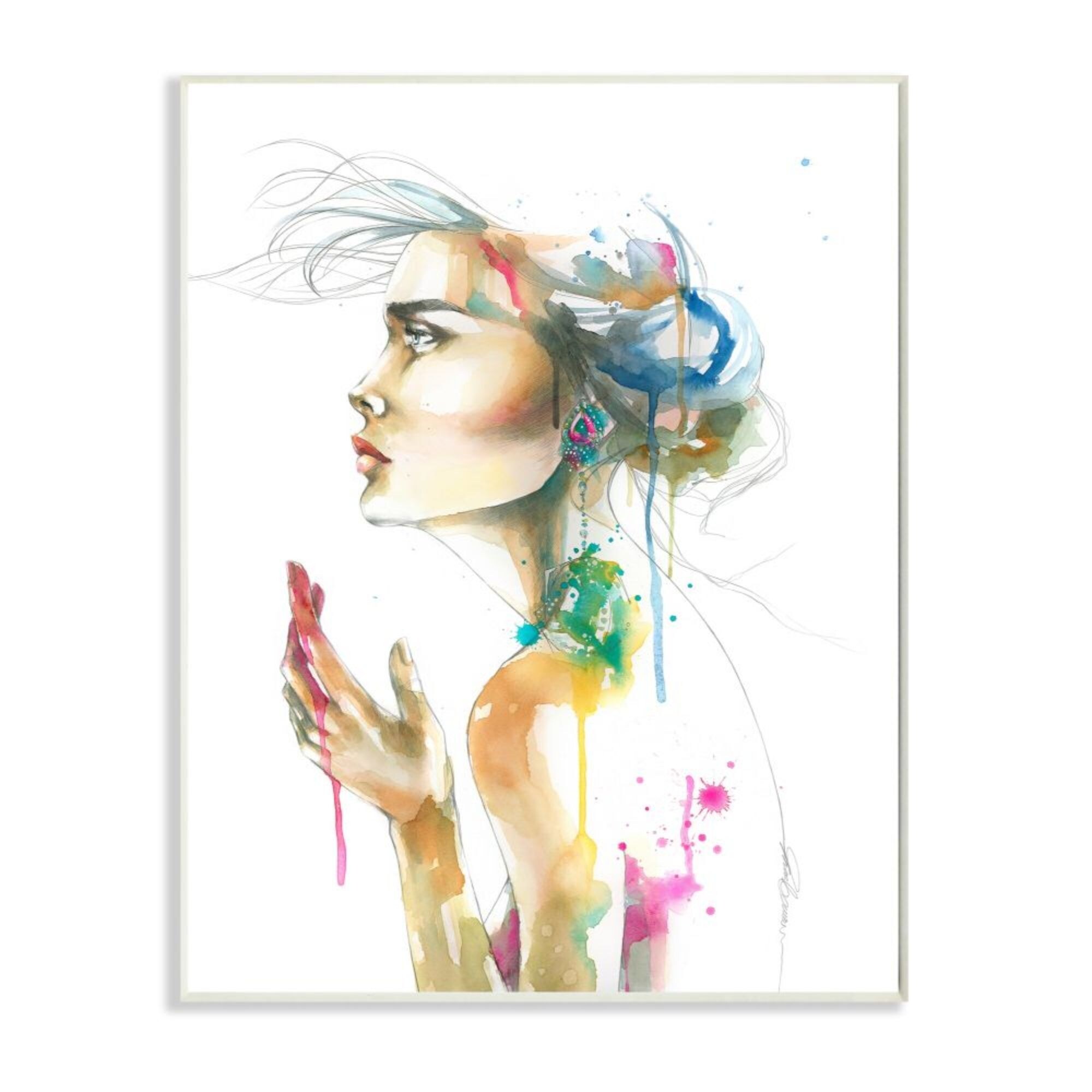 Stupell Industries Elegant Female Side Portrait Abstract Watercolor Drip Wood Wall Art Overstock