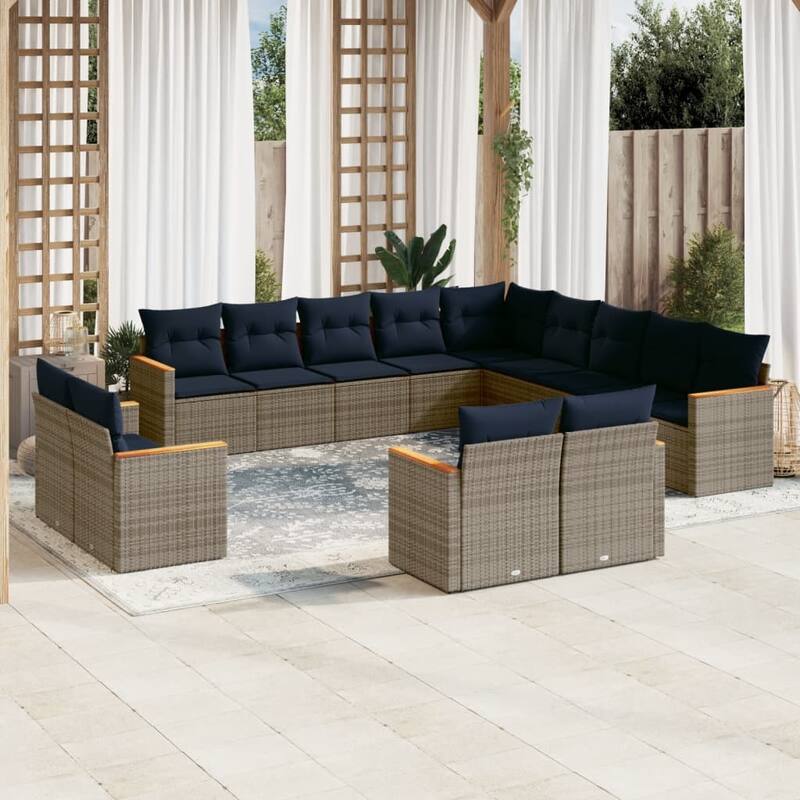 vidaXL 13/14 Piece Patio Sofa Set with Cushions Black/Gray Poly Rattan - 24.4 x 24.4 x 27.2 - Gray Without table