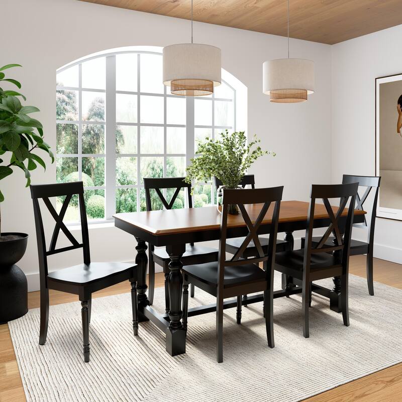 Bush Furniture Sterling 67W Dining Table with 6 Cross Back Chairs - Burnished Medium Brown/Black Paint