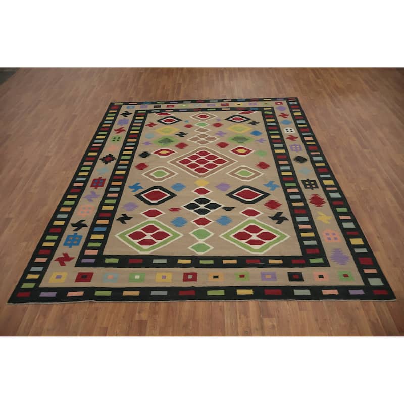 Hand Woven Oriental 100% Wool Carpet Southwestern Modern Brown Kilim Area Rug - 10' 6'' X 8' 6''