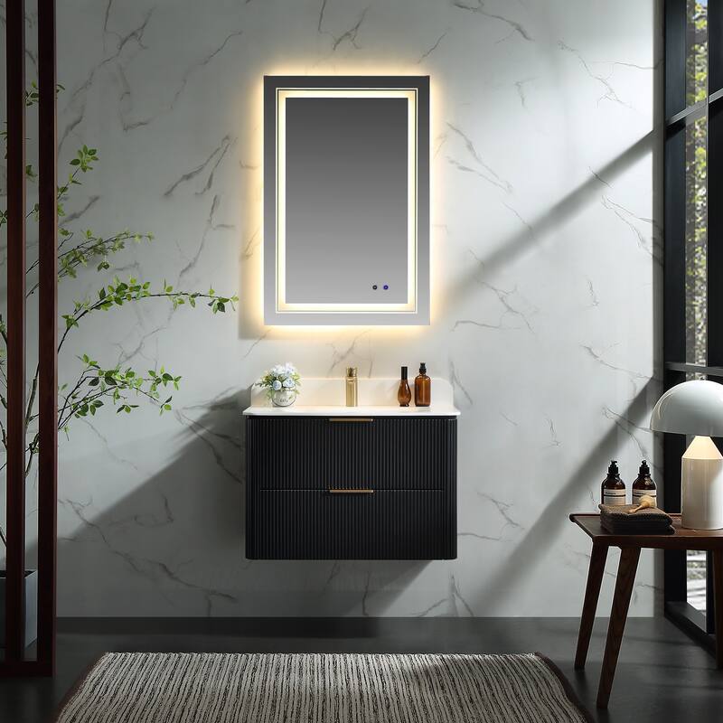 Modland Fluted Floating Vanity with Sink, Plywood Wall Mount Cabinet, Curved Edge, 24/30/36 Inch