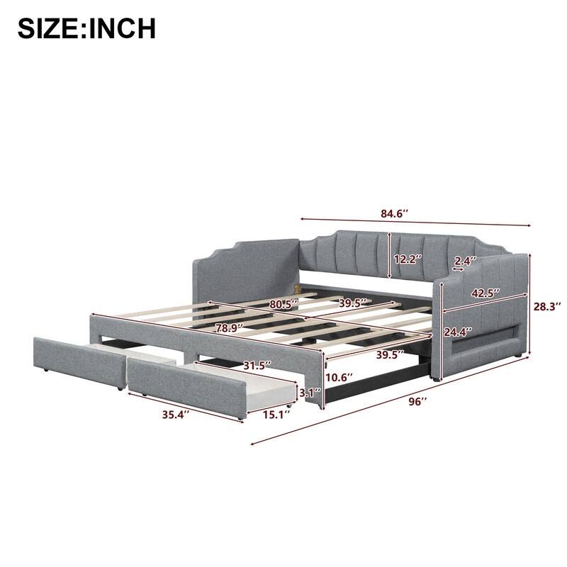 Twin XL to King Size Daybed, Extendable Upholstered Sofa Bed Frame with Two Storage Drawers and LED Light
