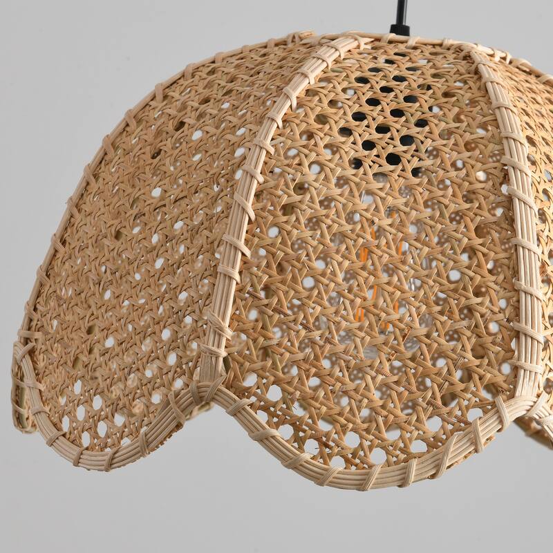 1-Light Farmhouse Flower Shaped Brown Hand-Woven Natural Rattan Hanging Pendant Light - 15.7" W x 55" H