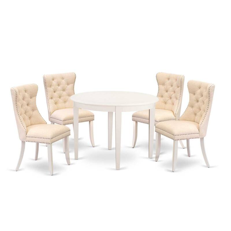 5-Piece Linen White Solid Wood Top - Round Upholstered Dining Room Set - Seats-4