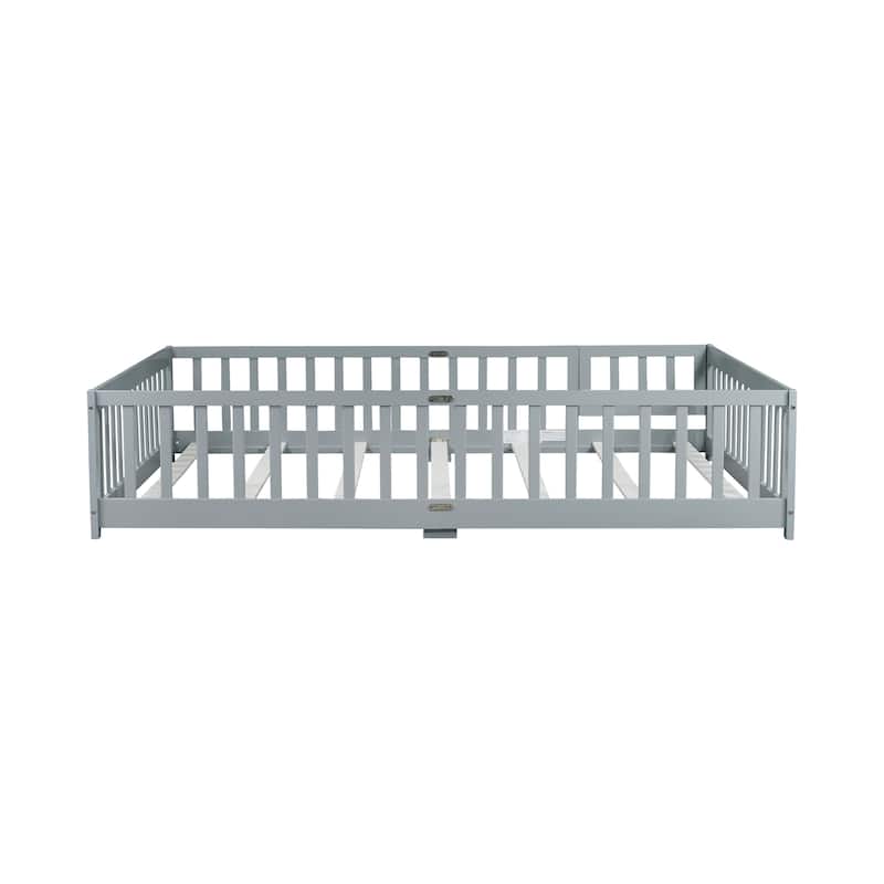 Queen Size Floor Bed with Fence,Door,Rubber Wood Floor Bed with Safety Guardrails