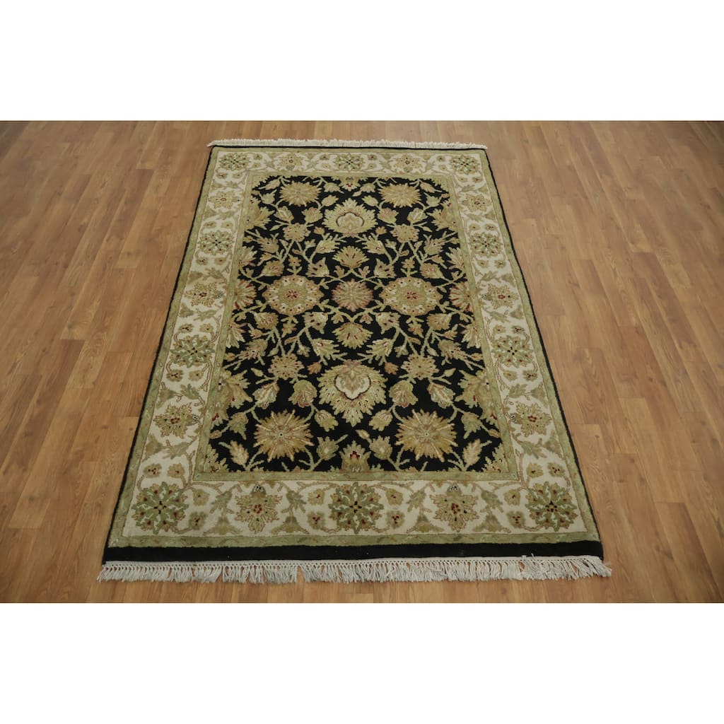 Hand Knotted Oriental 100% Wool Carpet Traditional Floral Black Agra Area Rug - 6' 4'' X 4' 1''