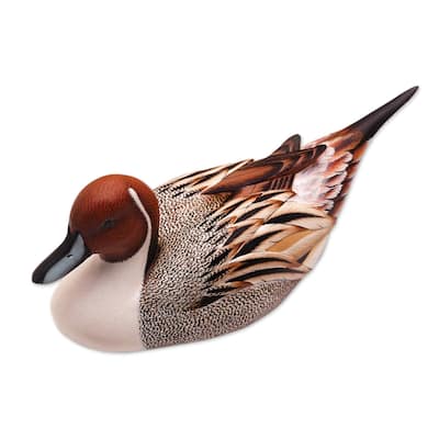 NOVICA Handmade Pintail Duck Wood Statuette (Indonesia) - 4.1" H x 10.75" W x 3.5" D
