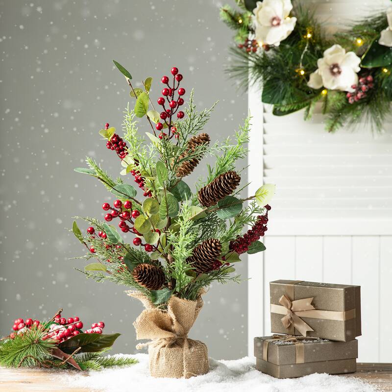 Glitzhome 20"H Christmas Floral Table Tree Decor with Base for Party Festival Home Decor