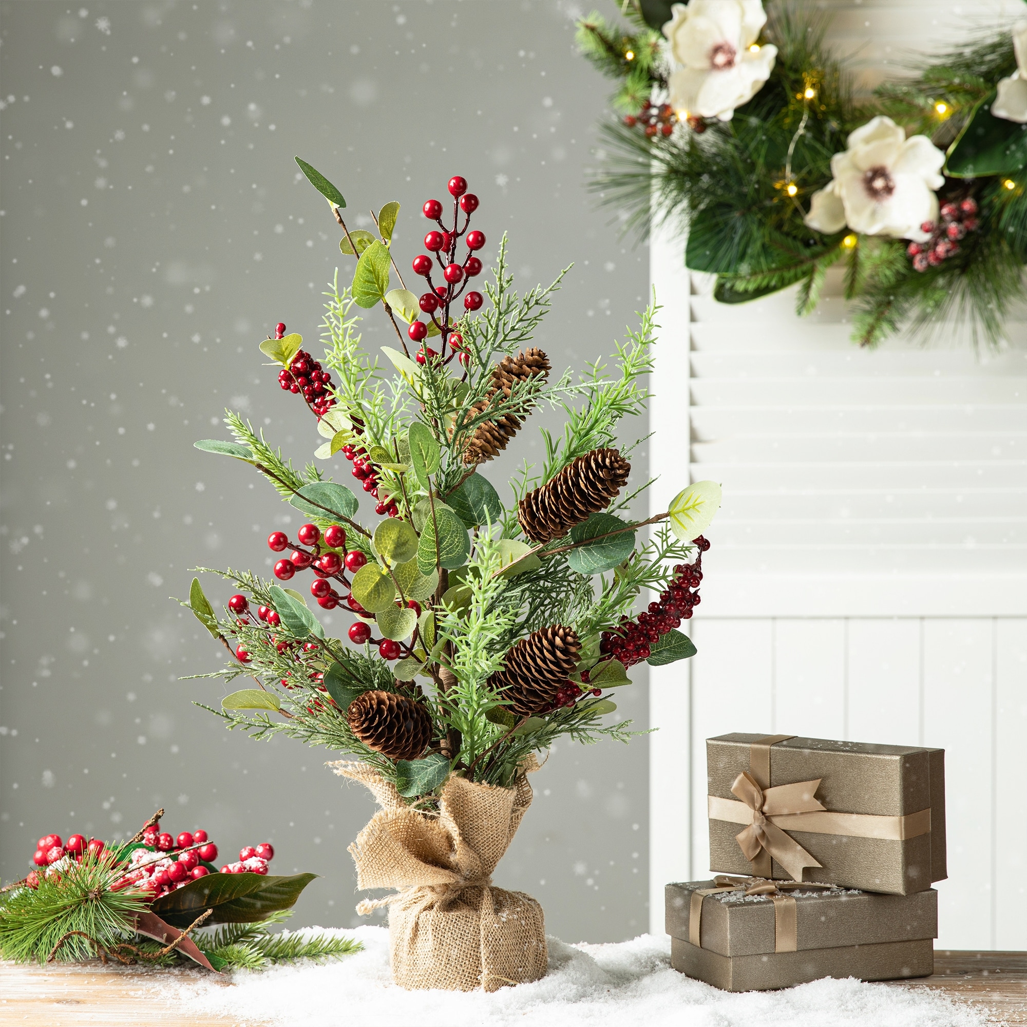 Glitzhome 20"H Christmas Floral Table Tree Decor with Base for Party Festival Home Decor