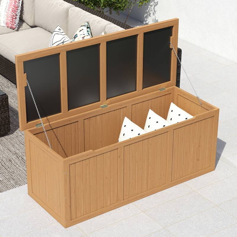 112 Gallon Wooden Deck Box Solid Wood Storage Box Seat & Table Top for Patio Furniture Cushions, Pool Toys & Garden Tools