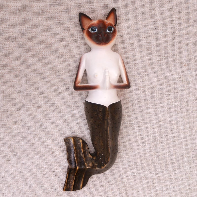 Handmade Siamese Mermaid Cat Wood wall sculpture (Indonesia)