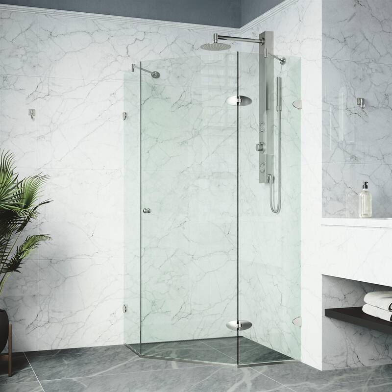 VIGO Verona Frameless Hinged Neo-Angle Shower Enclosure - 40"D x 40"W x 73"H - Brushed Nickel