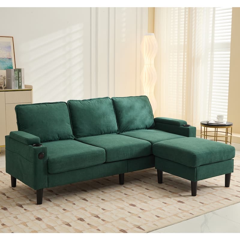 L-Shaped Fabric Sectional Sofa with Storage Ottoman and USB Port - Green