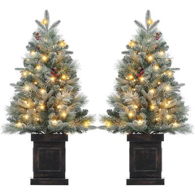 2 Pcs 3 Ft Prelit Premium Snow Flocked Artificial Christmas Tree with 8 Mode Warm - 3 Foot