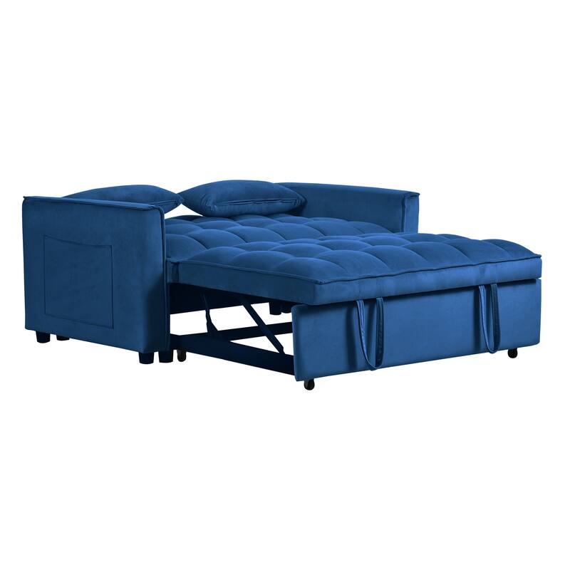 3 in 1 Convertible Sleeper Sofa Bed, Adjustable Backrest, Velvet Loveseat Futon Sofa with Pockets, Blue