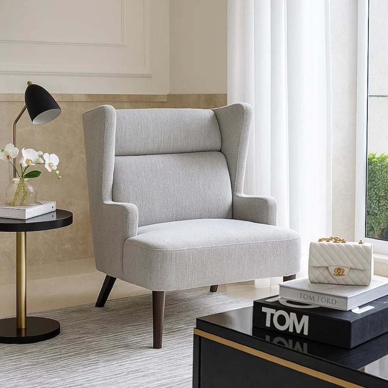 Joen Accent Chair, High Wing Backrest, Gray Chenille, Wood Legs