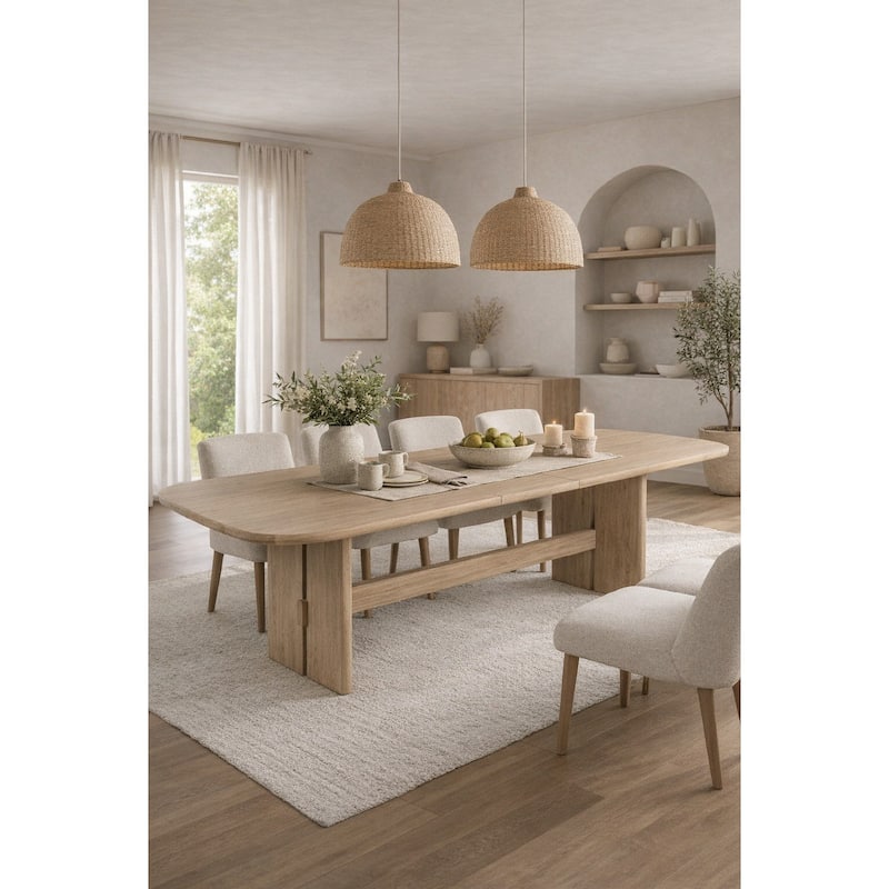 Lno Dining Table, 92-110 Inch Extendable Leaf Top, Oak Beige Hardwood