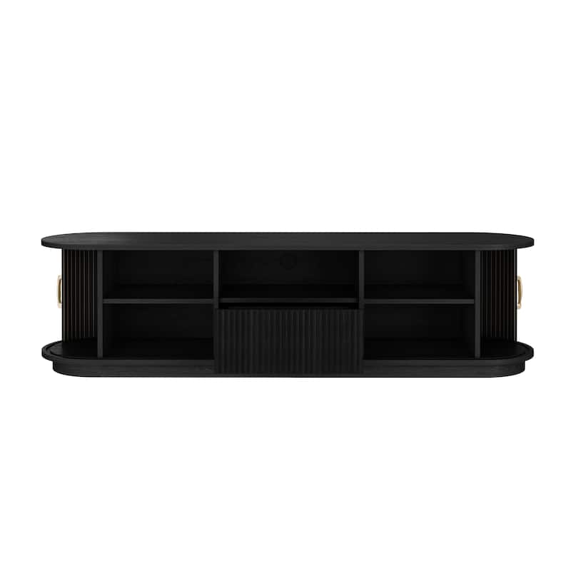 Vintage TV Stand with Sliding Wood Slatted Doors for TVs up to 75", with Drawer, Wood Grain Media Console with Cable Management
