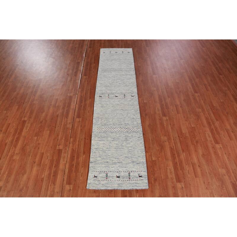 Hand Knotted Oriental 100% Wool Carpet Tribal Animal Pictorial Beige & Ivories Gabbeh Runner Rug - 9' 11'' X 2' 5''