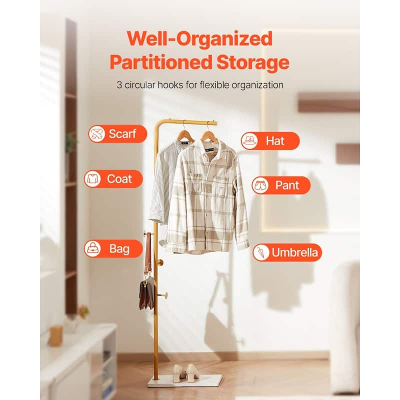 Modern Freestanding Coat Hanger with 3 Round Hooks and Metal Frame Anti-Tipping Quartz Base - 17.7 x 9.84 x 66.93 in