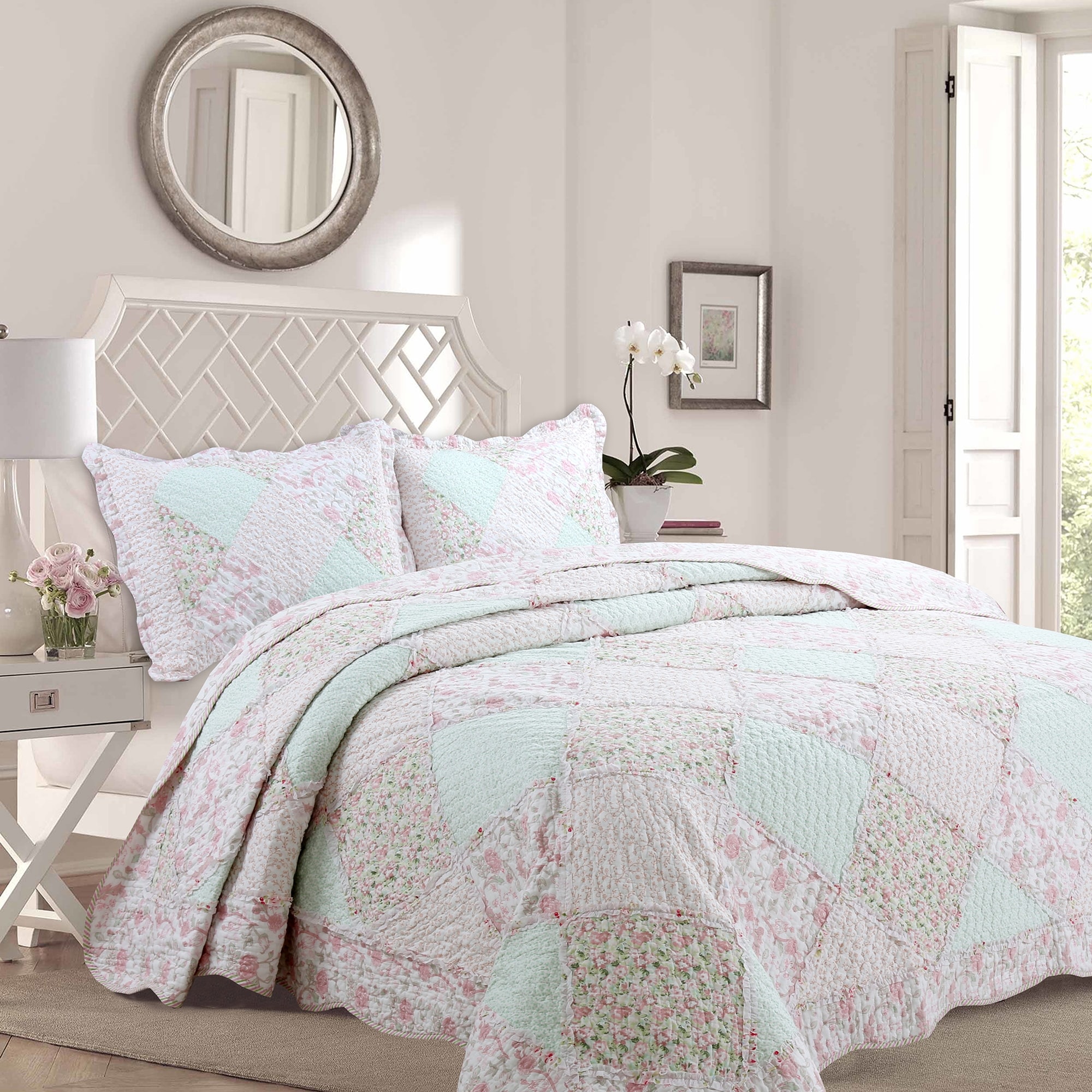 BEAUTIFUL CHIC COTTAGE FRENCH COUNTRY BLUE LEAF IVORY WHITE LACE COMFORTER SET 