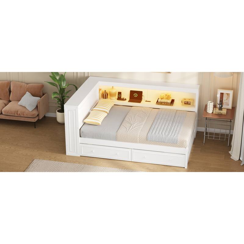 Full Size Wood Daybed with Storage Shelves, USB, LED, and 2 Drawers