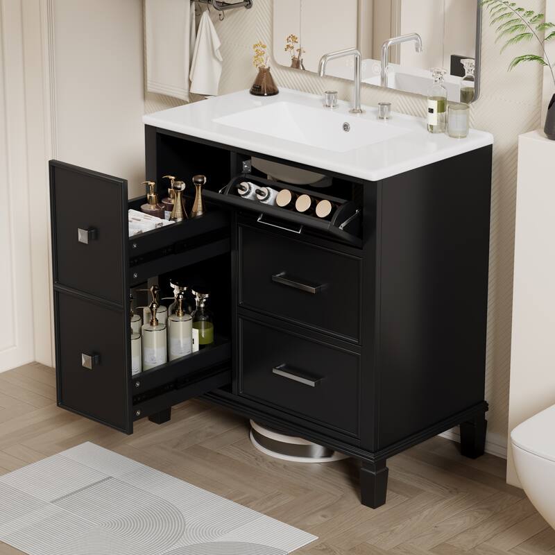 30" Bathroom Vanity with Ceramic Sink, Flip-Out Drawer, Soft Close Doors & Drawers Cabinet with Solid Wood Legs - Black