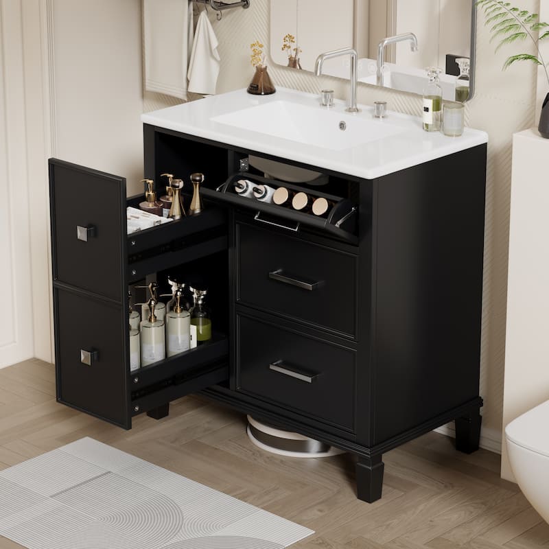 30 Inch Bathroom Vanity with Ceramic Sink,Flip-Out Drawer Design for Plumbing,Soft Close Doors & Drawers - Black