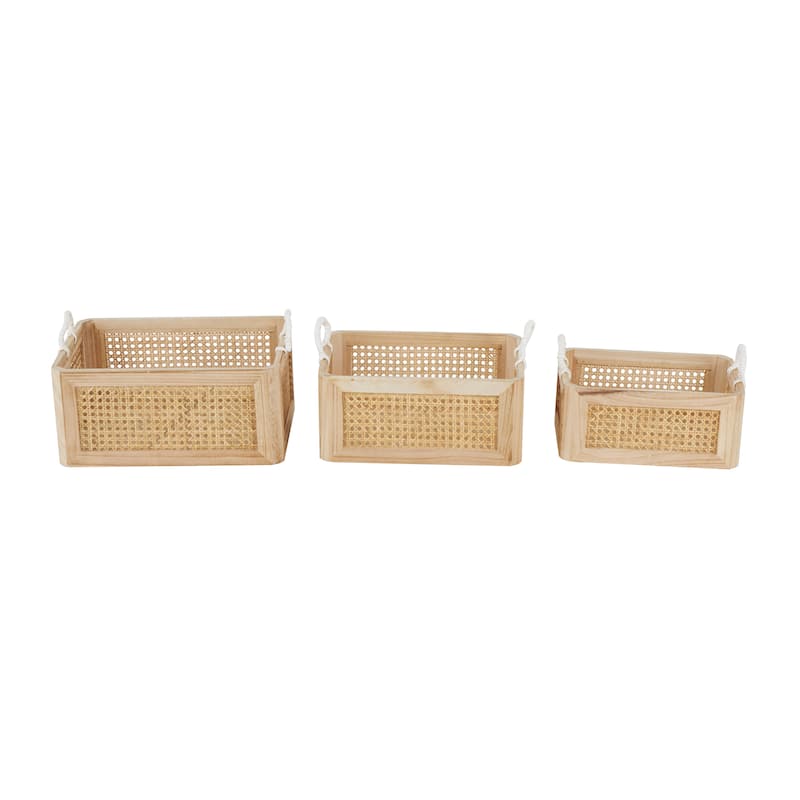 Brown Rattan Woven Decorative and Functional Storage Basket with Rope Handles (Set of 3)