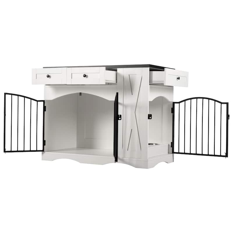 Anmytek Farmhouse Dog Crate with Storage Drawers and Feeding Bowls - Rustic Pet Kennel for Living Room