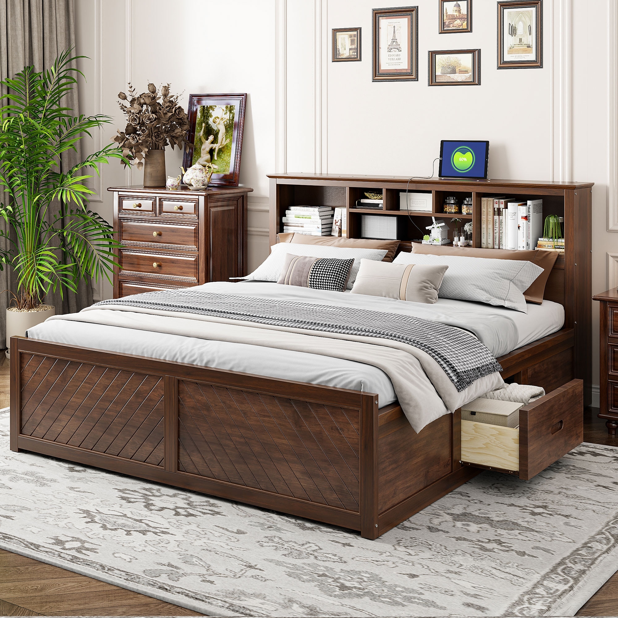 King Size Wood Platform Bed with Multi-storage Headboard, USB and Drawers