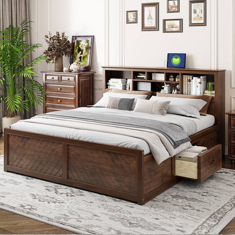 King Size Wood Platform Bed with Storage Headboard, USB Ports, and Drawers in Antique Wood Finish - Wood